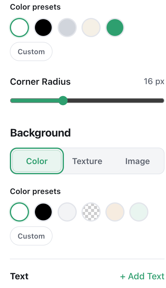 Customization controls for spacing, borders, background, and text.